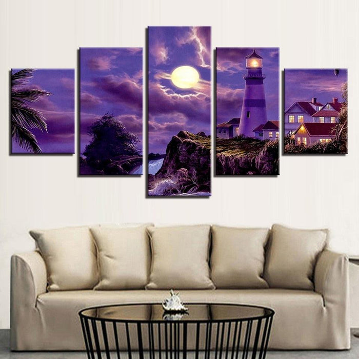 Purple Moonlit Night 5 Piece HD Multi Panel Canvas Wall Art - Original Frame