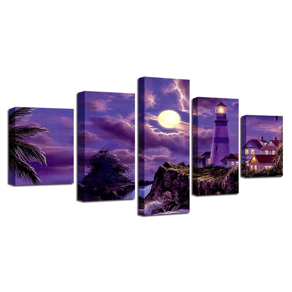 Purple Moonlit Night 5 Piece HD Multi Panel Canvas Wall Art - Original Frame