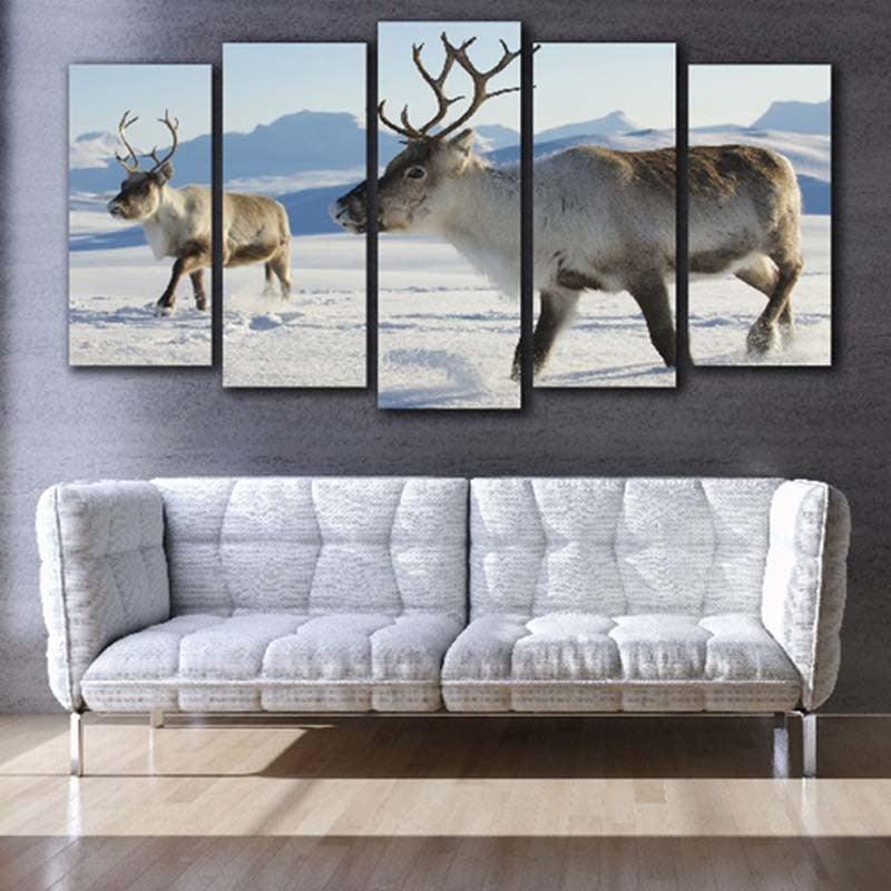 Deer in Snow 5 Piece HD Multi Panel Canvas Wall Art Frame - Original Frame