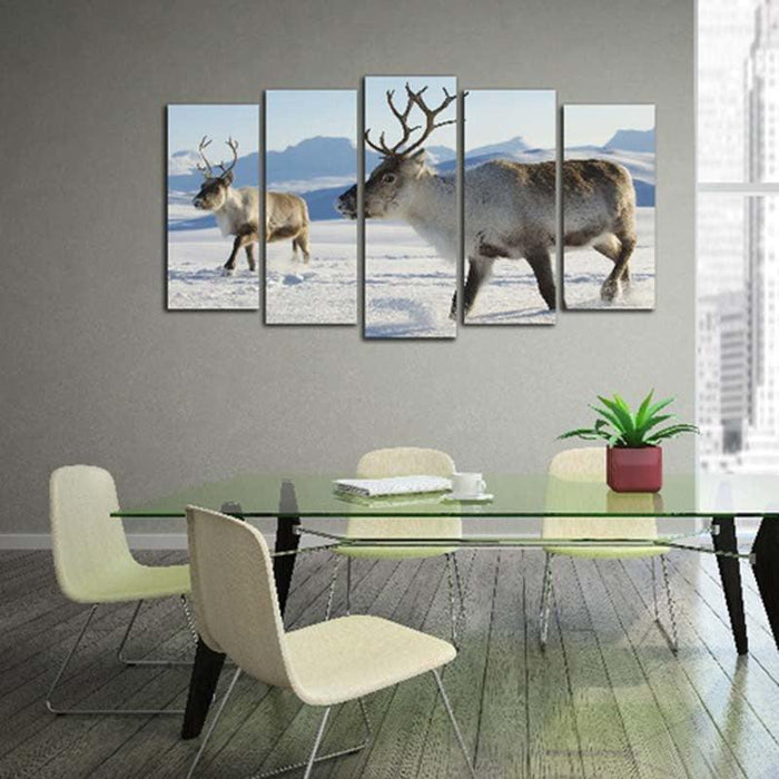 Deer in Snow 5 Piece HD Multi Panel Canvas Wall Art Frame - Original Frame