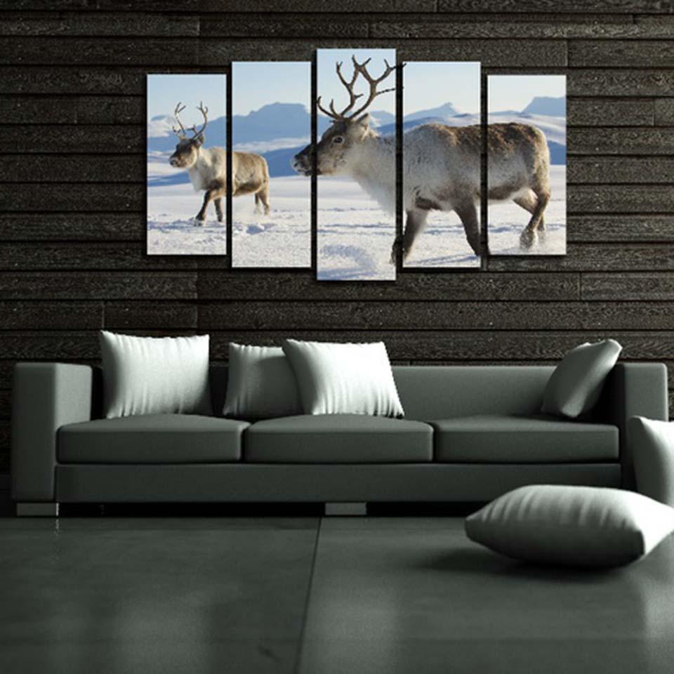 Deer in Snow 5 Piece HD Multi Panel Canvas Wall Art Frame - Original Frame