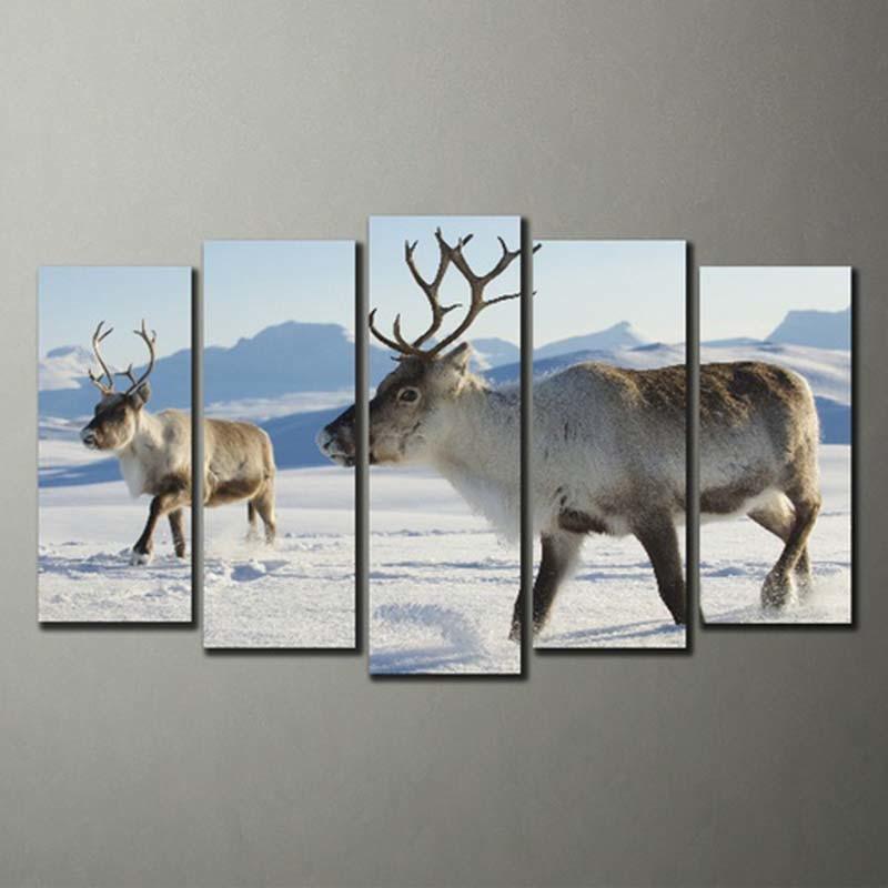 Deer in Snow 5 Piece HD Multi Panel Canvas Wall Art Frame - Original Frame