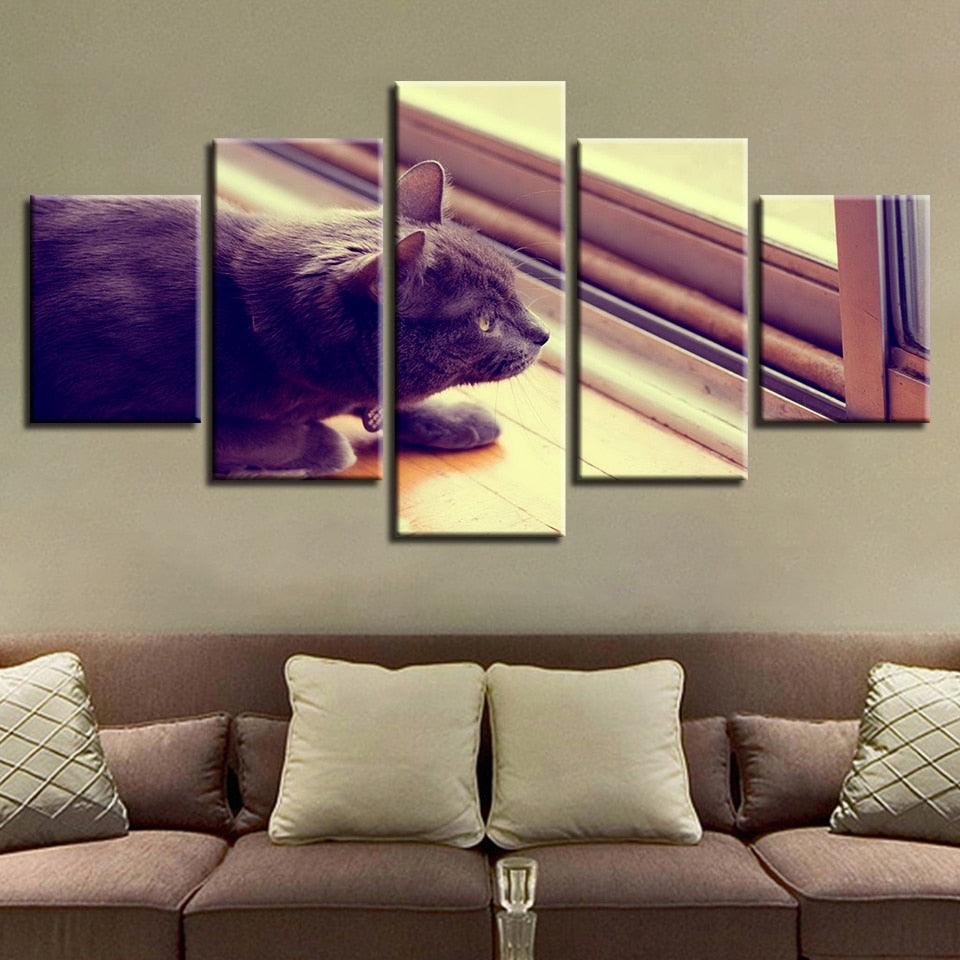 Cat on Windowsill Home Decor 5 Piece HD Multi Panel Canvas Wall Art Frame - Original Frame
