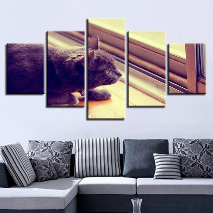 Cat on Windowsill Home Decor 5 Piece HD Multi Panel Canvas Wall Art Frame - Original Frame