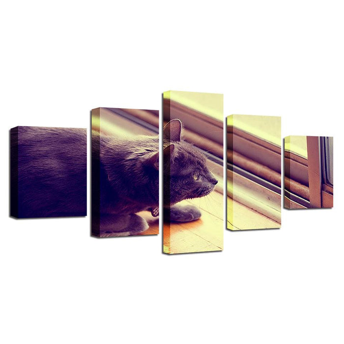 Cat on Windowsill Home Decor 5 Piece HD Multi Panel Canvas Wall Art Frame - Original Frame