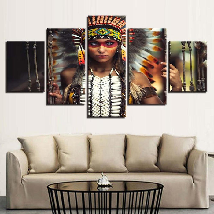 Indian Headdress Feathers 5 Piece HD Multi Panel Canvas Wall Art Frame