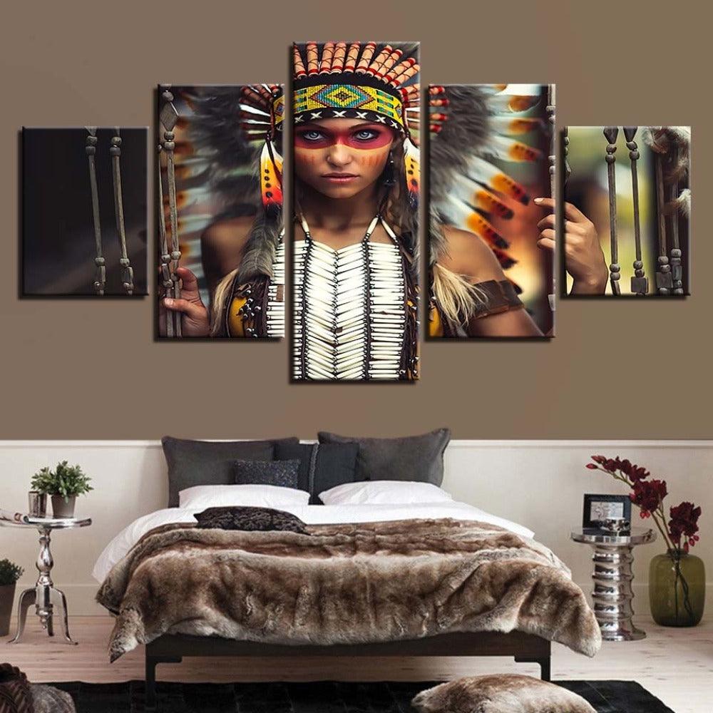 Indian Headdress Feathers 5 Piece HD Multi Panel Canvas Wall Art Frame - Original Frame