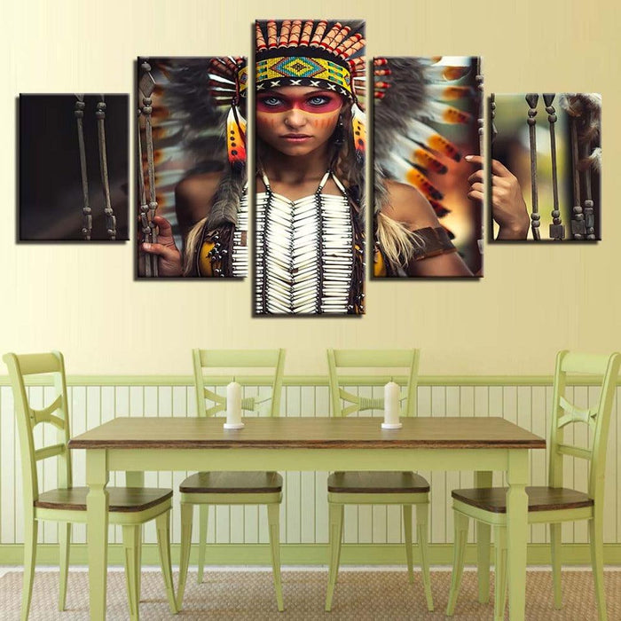 Indian Headdress Feathers 5 Piece HD Multi Panel Canvas Wall Art Frame