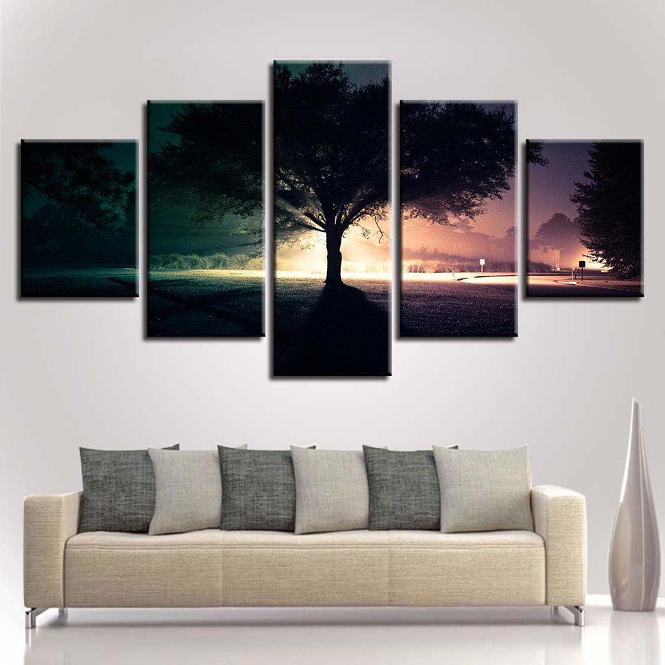 Tree Nightscape At Dusk 5 Piece HD Multi Panel Canvas Wall Art Frame - Original Frame