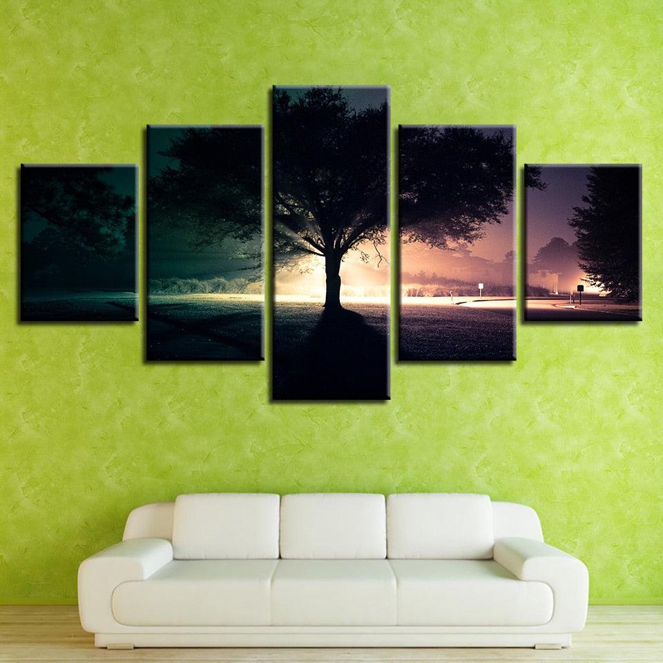 Tree Nightscape At Dusk 5 Piece HD Multi Panel Canvas Wall Art Frame - Original Frame
