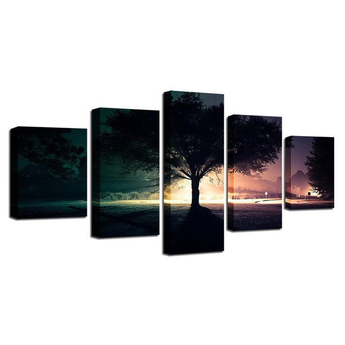 Tree Nightscape At Dusk 5 Piece HD Multi Panel Canvas Wall Art Frame - Original Frame