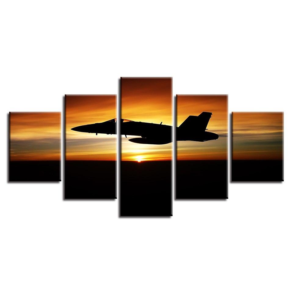 Airplane & Sunset 5 Piece HD Multi Panel Canvas Wall Art Frame - Original Frame