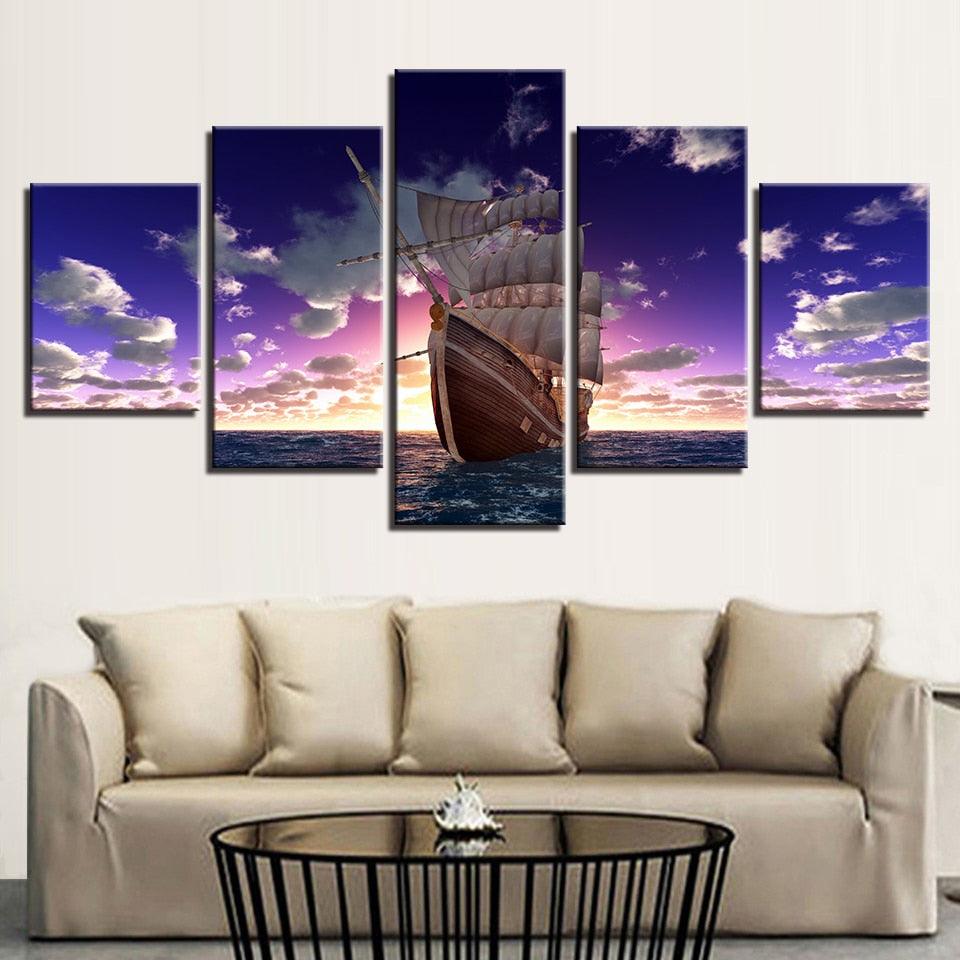 Sailboat Sunset 5 Piece HD Multi Panel Canvas Wall Art Frame - Original Frame