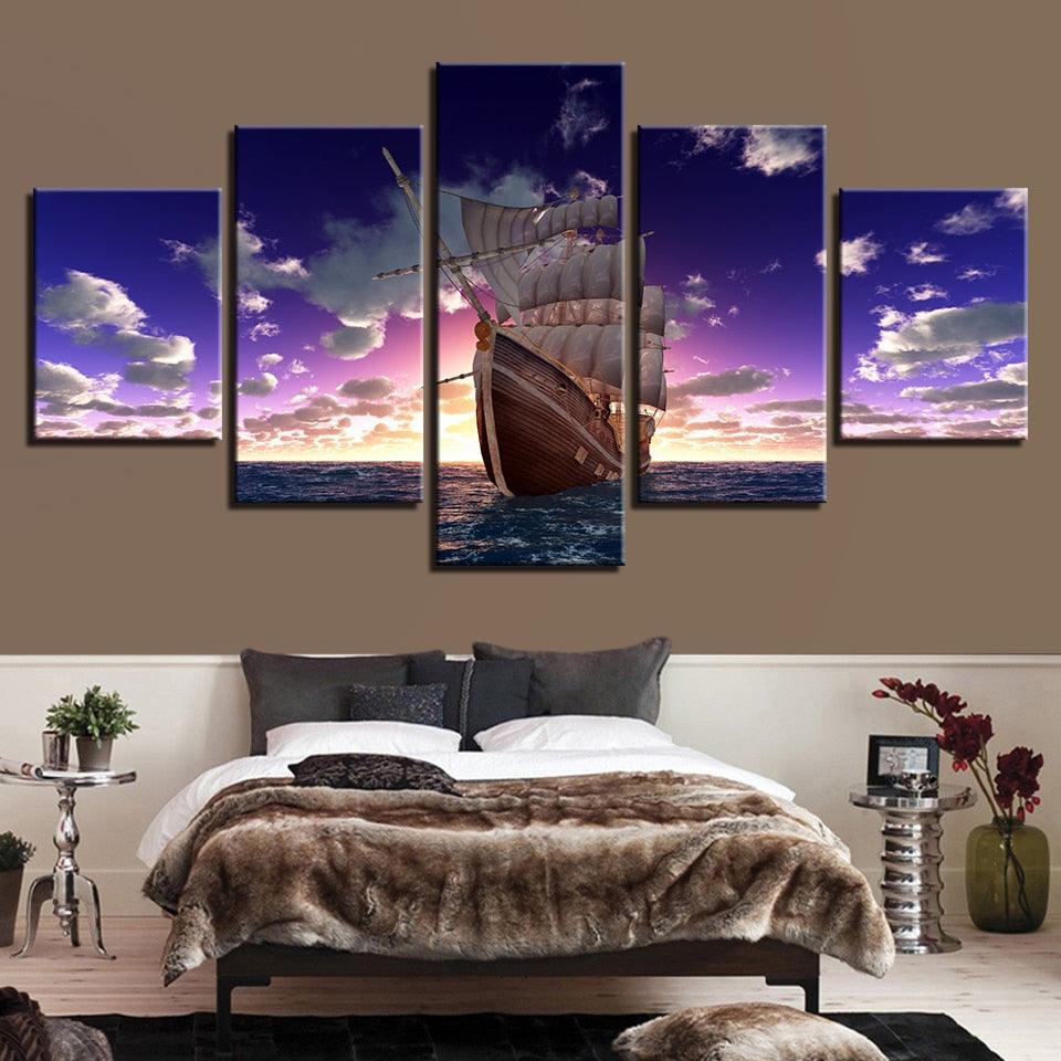 Sailboat Sunset 5 Piece HD Multi Panel Canvas Wall Art Frame - Original Frame