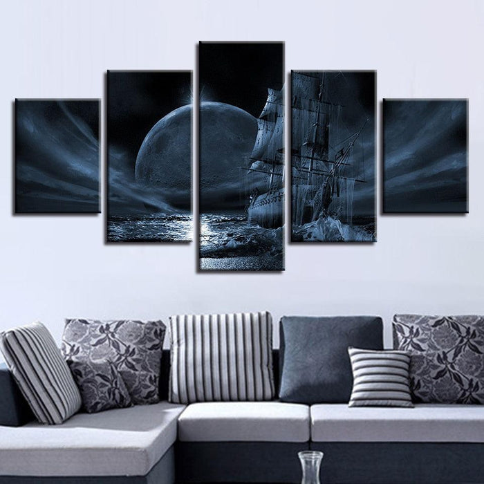 Moon Night Sailboat 5 Piece HD Multi Panel Canvas Wall Art Frame