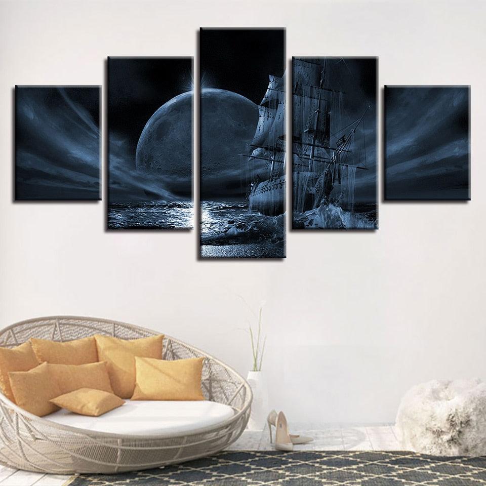 Moon Night Sailboat 5 Piece HD Multi Panel Canvas Wall Art Frame - Original Frame