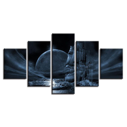 Moon Night Sailboat 5 Piece HD Multi Panel Canvas Wall Art Frame - Original Frame