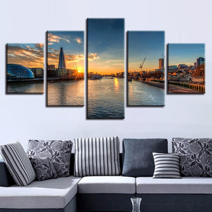 River Sunset Scenery 5 Piece HD Multi Panel Canvas Wall Art Frame - Original Frame