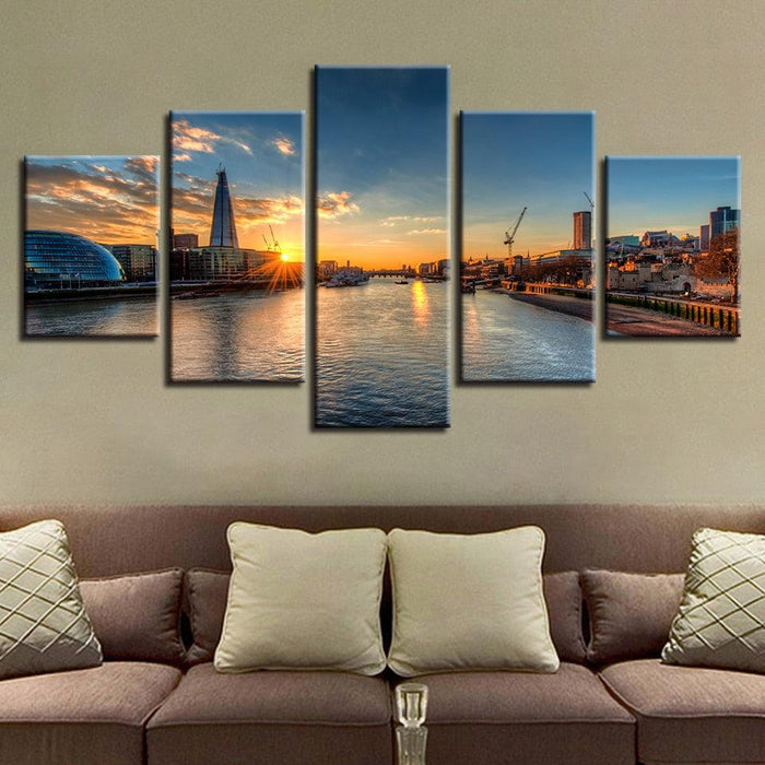 River Sunset Scenery 5 Piece HD Multi Panel Canvas Wall Art Frame - Original Frame