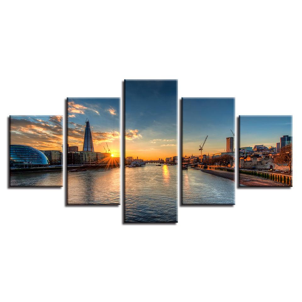 London Sunset 5 Piece HD Multi Panel Canvas Wall Art Frame - Original Frame