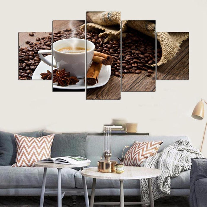 Coffee Beans Cup 5 Piece HD Multi Panel Canvas Wall Art Frame