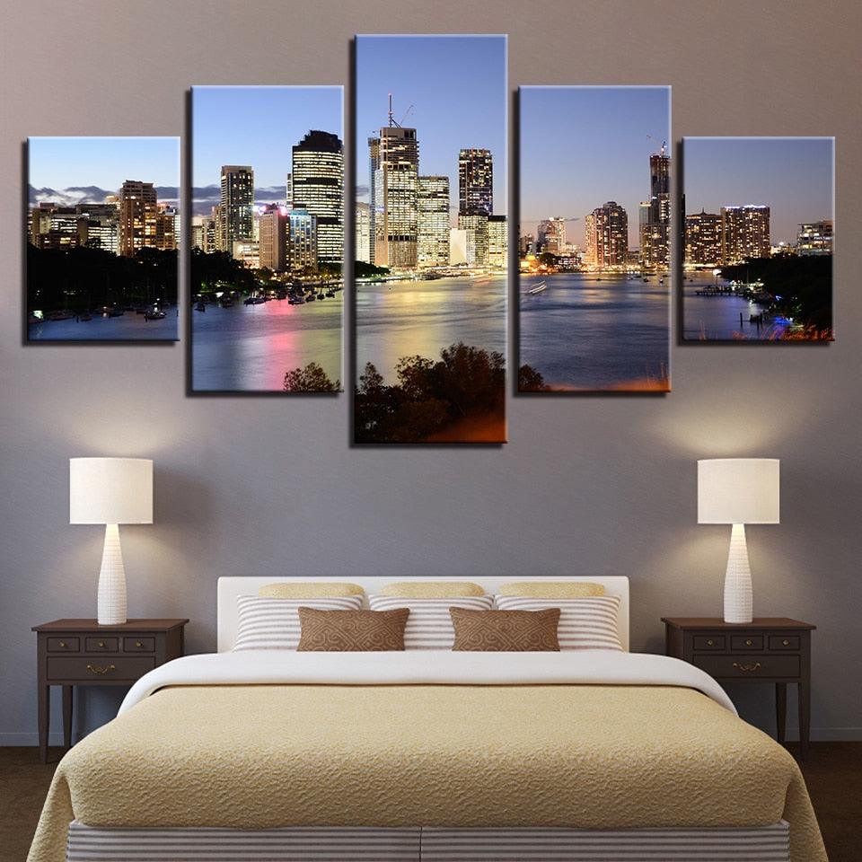 Seaside City Night 5 Piece HD Multi Panel Canvas Wall Art Frame - Original Frame