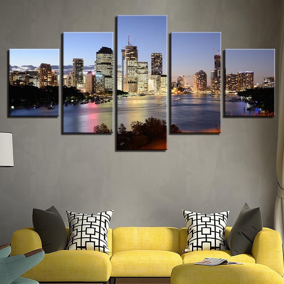 City Night Seascape 5 Piece HD Multi Panel Canvas Wall Art Frame - Original Frame