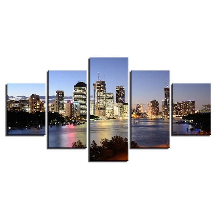 City Night Seascape 5 Piece HD Multi Panel Canvas Wall Art Frame - Original Frame