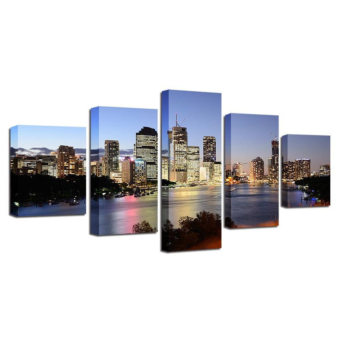 City Night Seascape 5 Piece HD Multi Panel Canvas Wall Art Frame - Original Frame