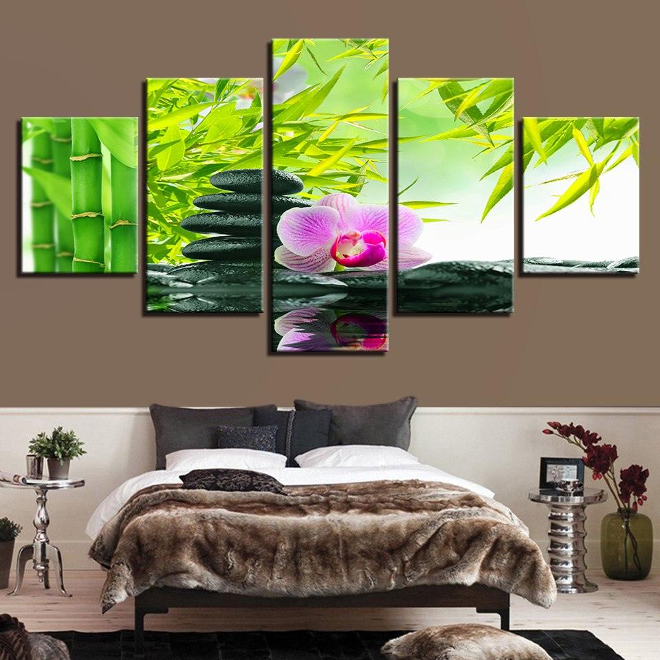 Bamboo Stones Flowers 5 Piece HD Multi Panel Canvas Wall Art Frame - Original Frame