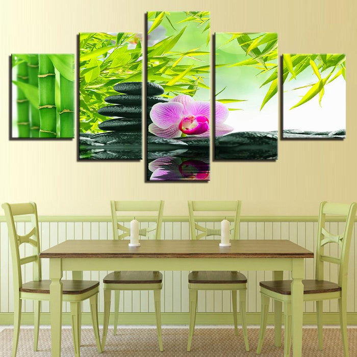 Bamboo Stones Flowers 5 Piece HD Multi Panel Canvas Wall Art Frame - Original Frame