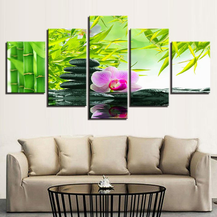 Bamboo Stones Flowers 5 Piece HD Multi Panel Canvas Wall Art Frame - Original Frame