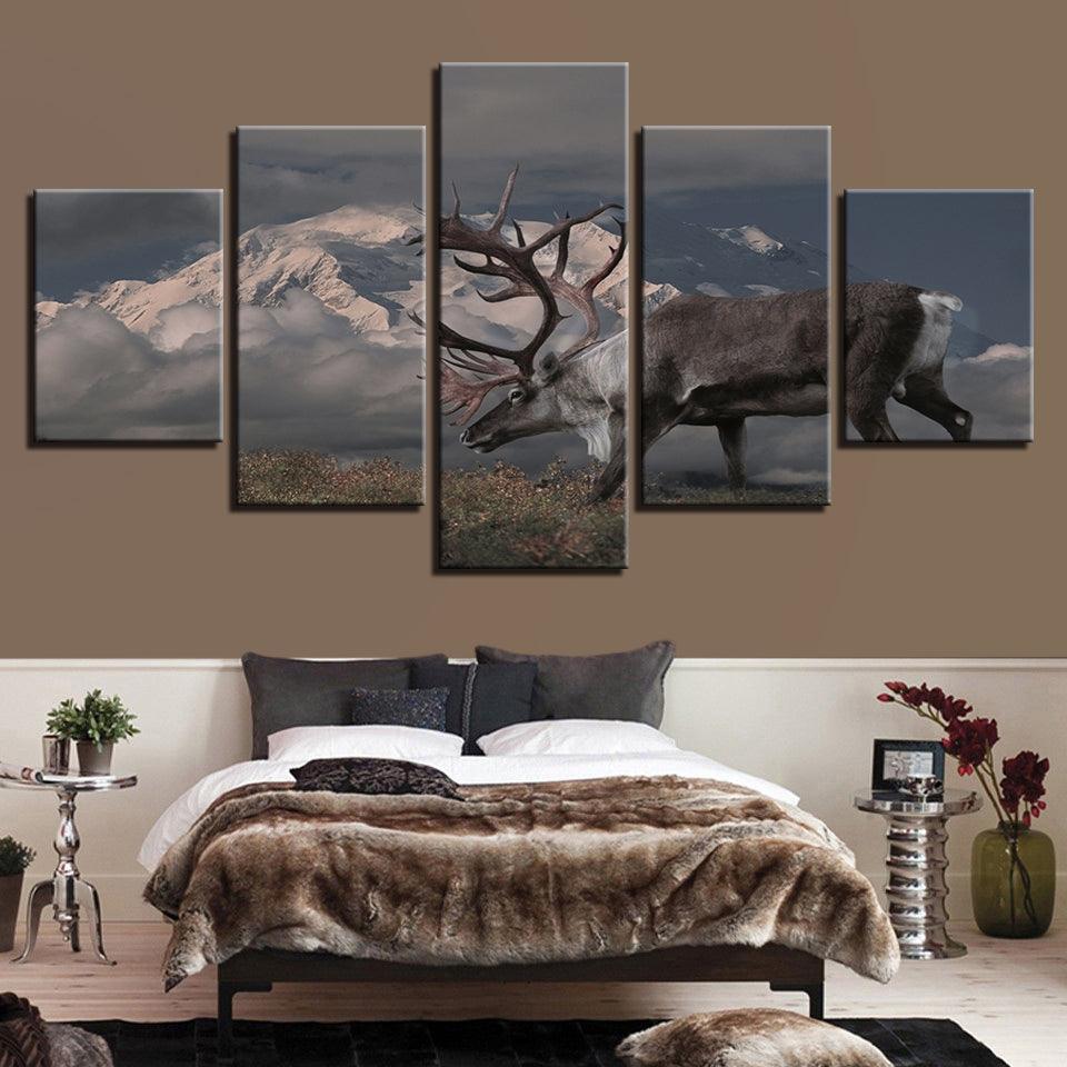 Snow Capped Mountains Deer 5 Piece HD Multi Panel Canvas Wall Art Frame - Original Frame