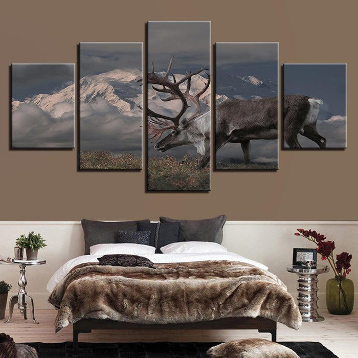 Snow Capped Mountains Deer 5 Piece HD Multi Panel Canvas Wall Art Frame