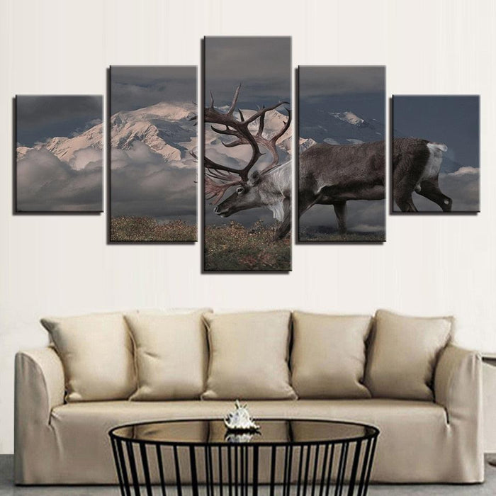 Snow Capped Mountains Deer 5 Piece HD Multi Panel Canvas Wall Art Frame