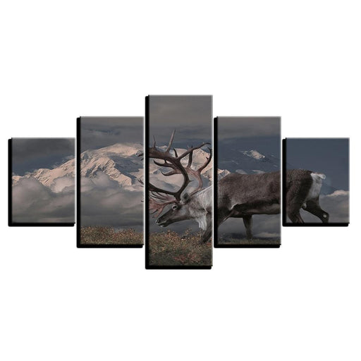 Snow Capped Mountains Deer 5 Piece HD Multi Panel Canvas Wall Art Frame - Original Frame