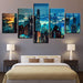 City Buildings at Night 5 Piece HD Multi Panel Canvas Wall Art Frame - Original Frame