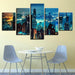 City Buildings at Night 5 Piece HD Multi Panel Canvas Wall Art Frame - Original Frame