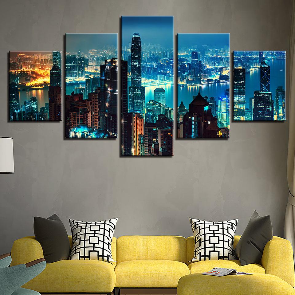 City Buildings at Night 5 Piece HD Multi Panel Canvas Wall Art Frame - Original Frame