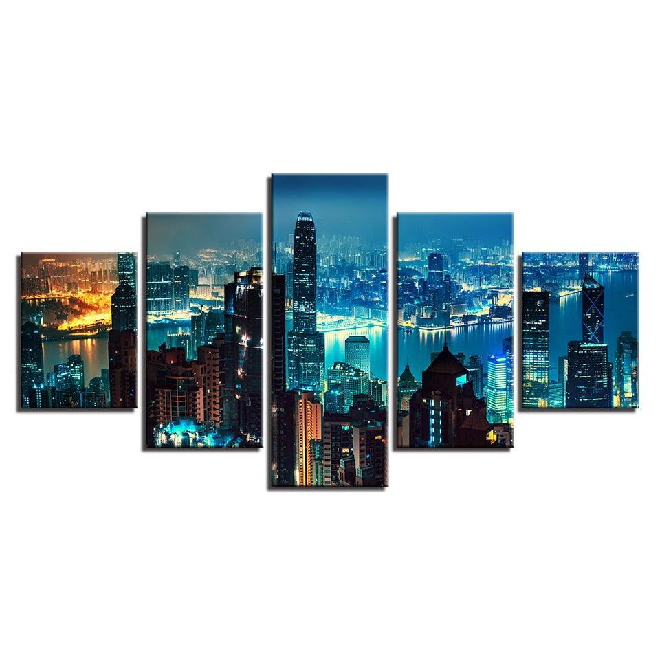 City Buildings at Night 5 Piece HD Multi Panel Canvas Wall Art Frame - Original Frame