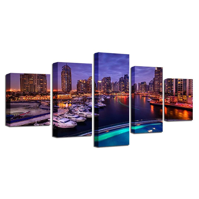 Seaside City Night 5 Piece HD Multi Panel Canvas Wall Art Frame