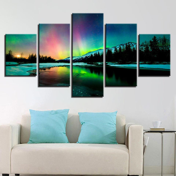 Aurora Borealis Lake 5 Piece HD Multi Panel Canvas Wall Art Frame - Original Frame