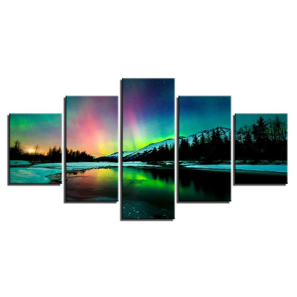 Aurora Borealis Lake 5 Piece HD Multi Panel Canvas Wall Art Frame - Original Frame