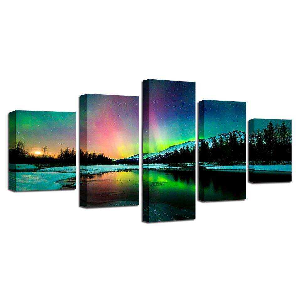 Aurora Borealis Lake 5 Piece HD Multi Panel Canvas Wall Art Frame ...