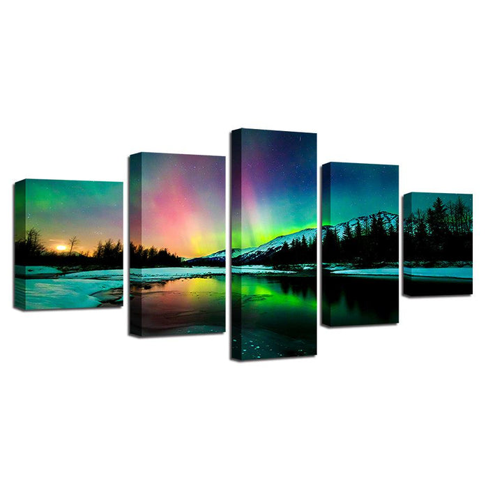 Aurora Borealis Lake 5 Piece HD Multi Panel Canvas Wall Art Frame - Original Frame