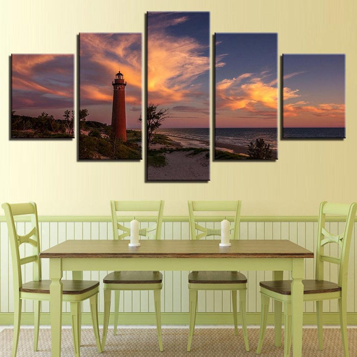 Lighthouse Dusk 5 Piece HD Multi Panel Canvas Wall Art Frame - Original Frame