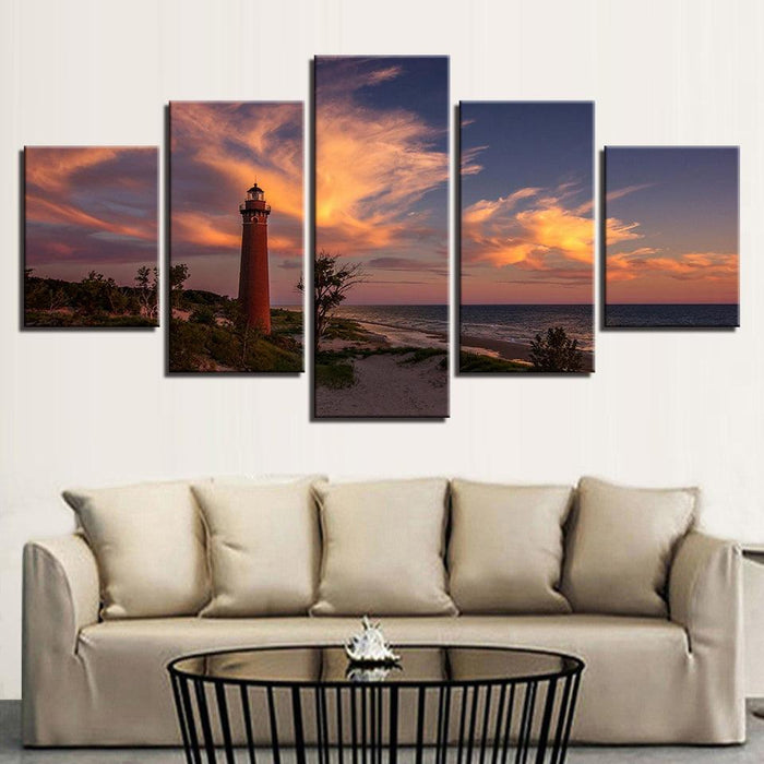 Lighthouse Dusk 5 Piece HD Multi Panel Canvas Wall Art Frame - Original Frame