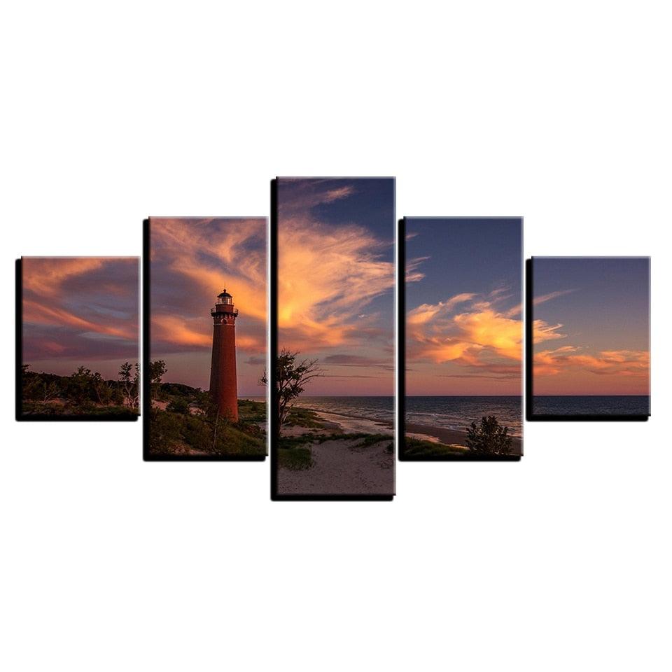 Lighthouse Dusk 5 Piece HD Multi Panel Canvas Wall Art Frame - Original Frame
