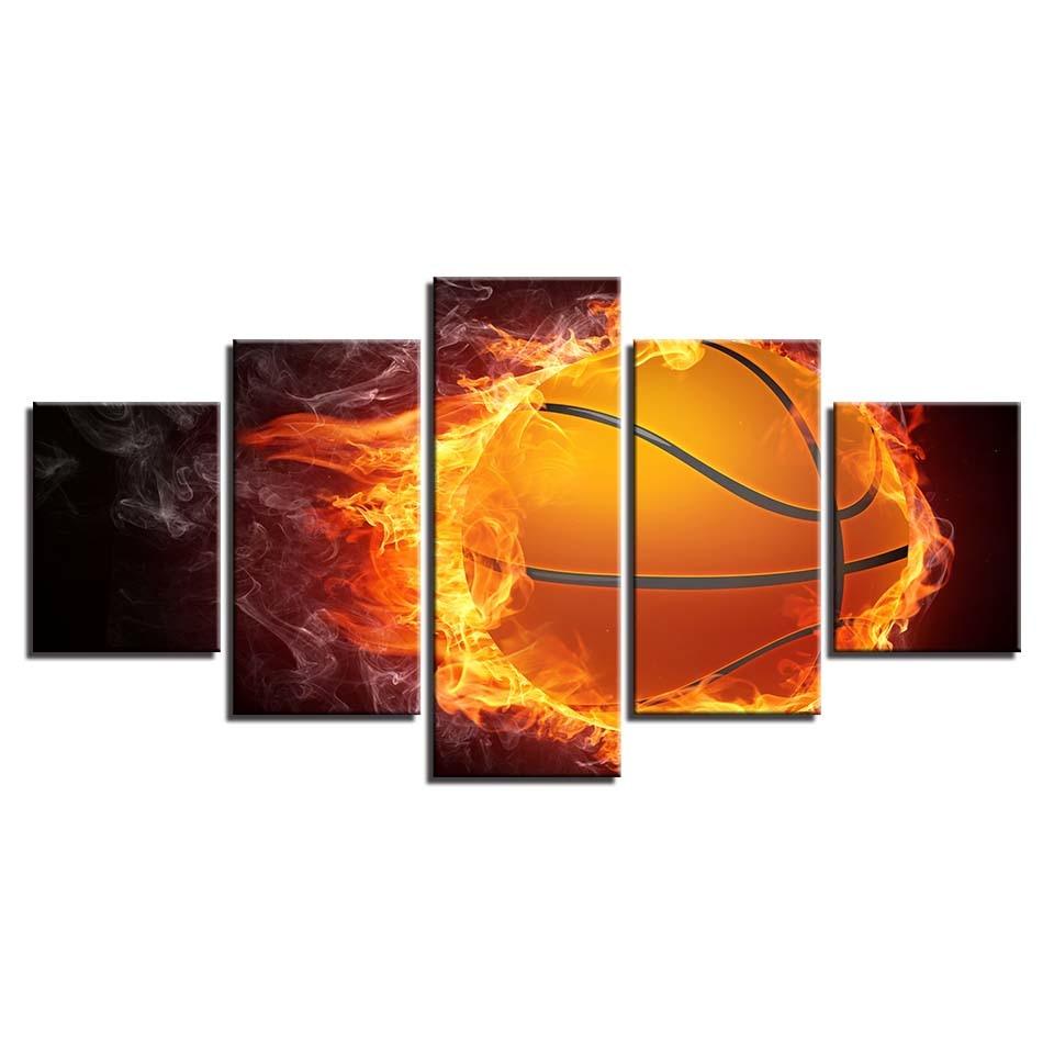 Basketball And Fire 5 Piece HD Multi Panel Canvas Wall Art Frame - Original Frame