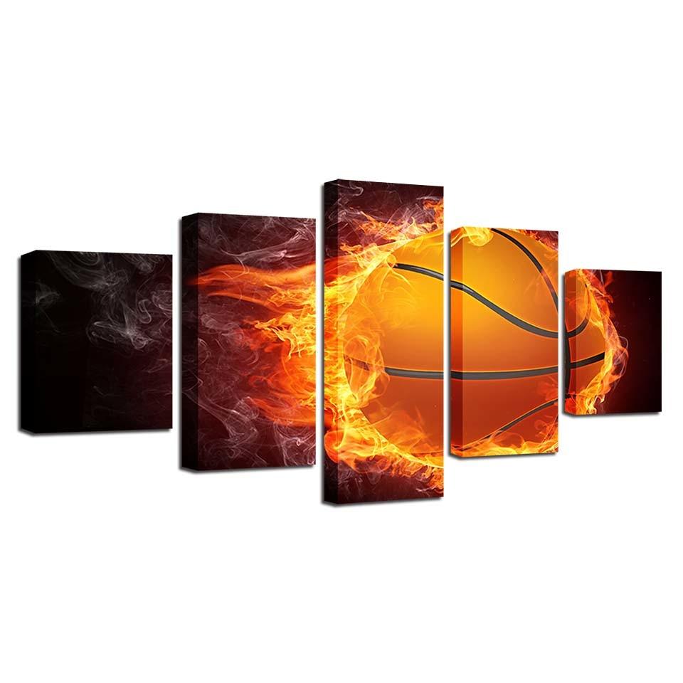 Basketball And Fire 5 Piece HD Multi Panel Canvas Wall Art Frame - Original Frame